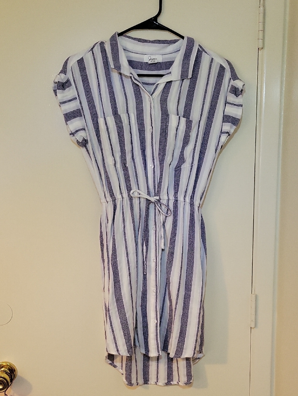 White & Navy Striped Tie-Waist Shirt Dress